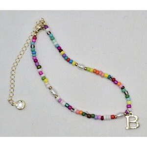 Fohufo B Initial Pearl Beaded Anklet Gold Waterproof Boho Foot Chain
